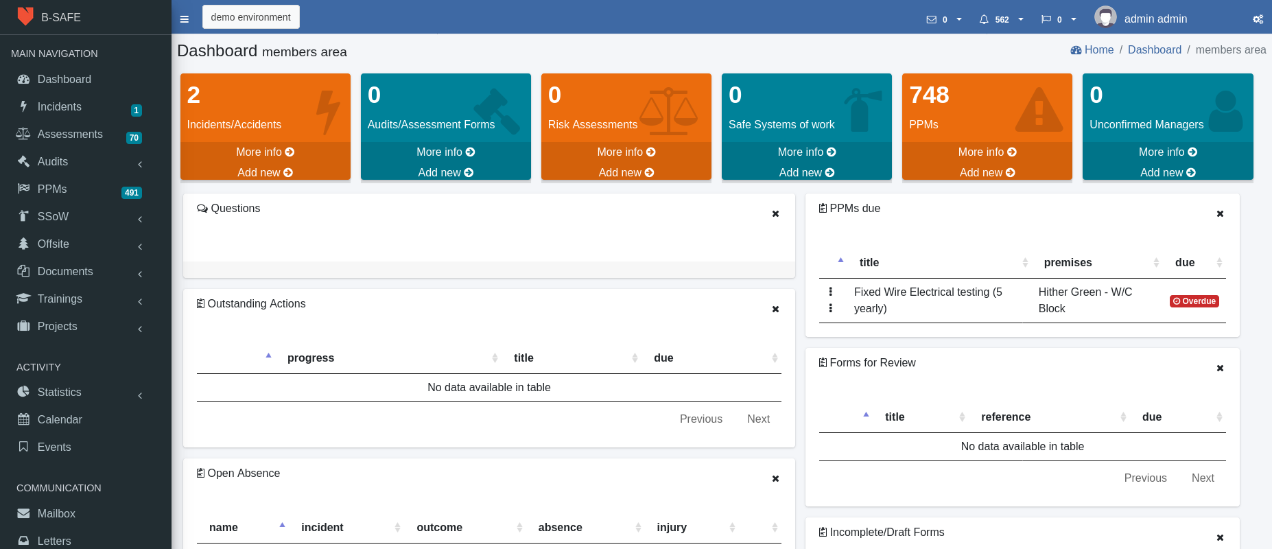 B-SAFE dashboard